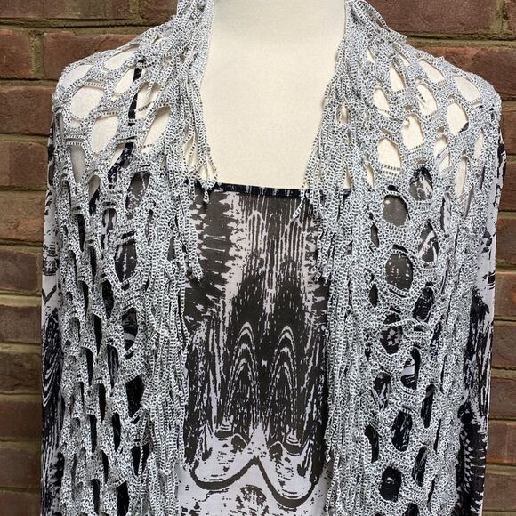 Alberto Makali Black & White Cami & Fringe Cardigan Set Size Large NWT - Picture 2 of 8